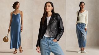 Three models wearing Ralph Lauren outfits shot against a brown wall