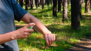 girl in the forest uses the spray against mosquitoes