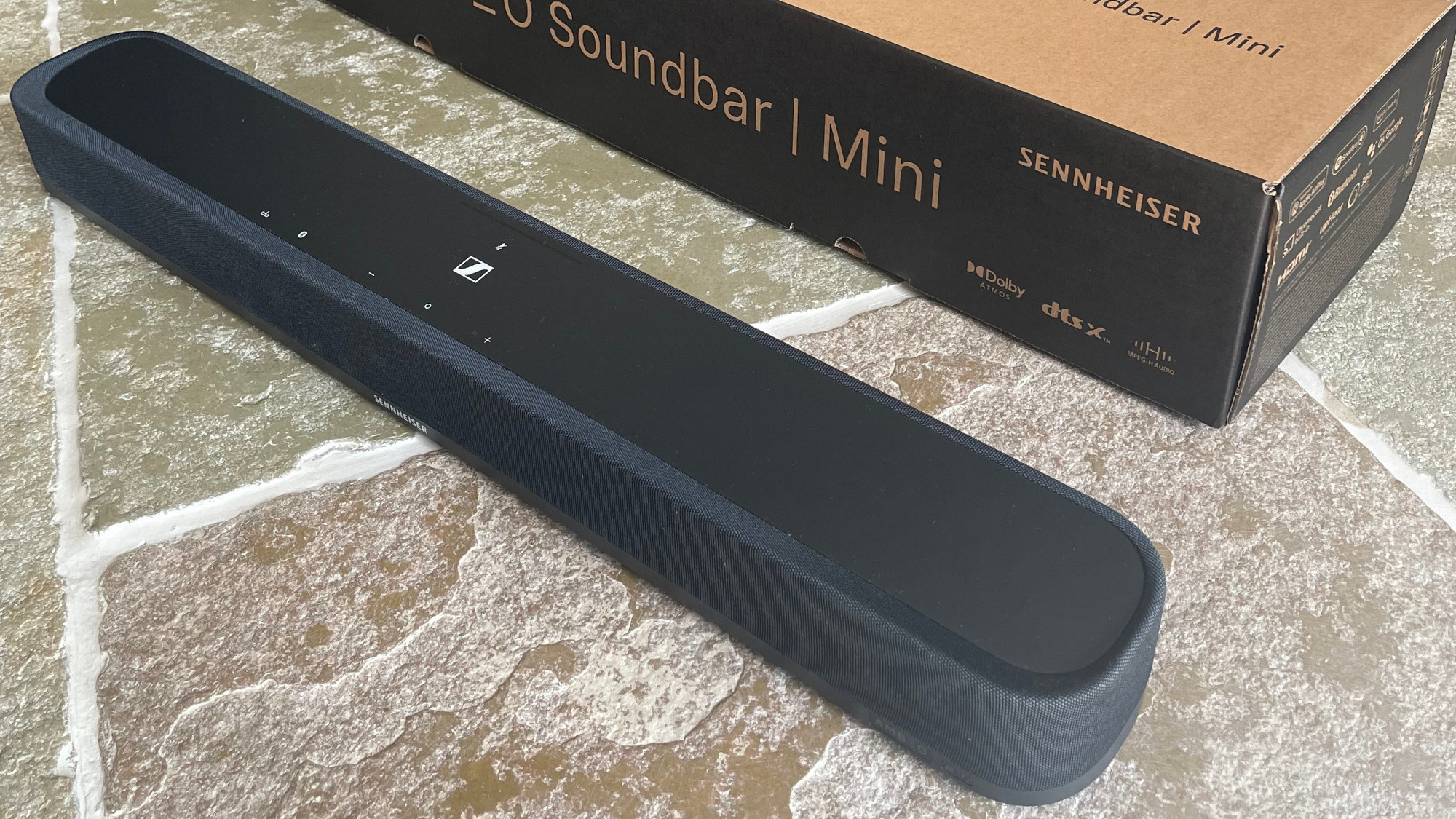 Sennheiser Ambeo Soundbar on floor with packing box