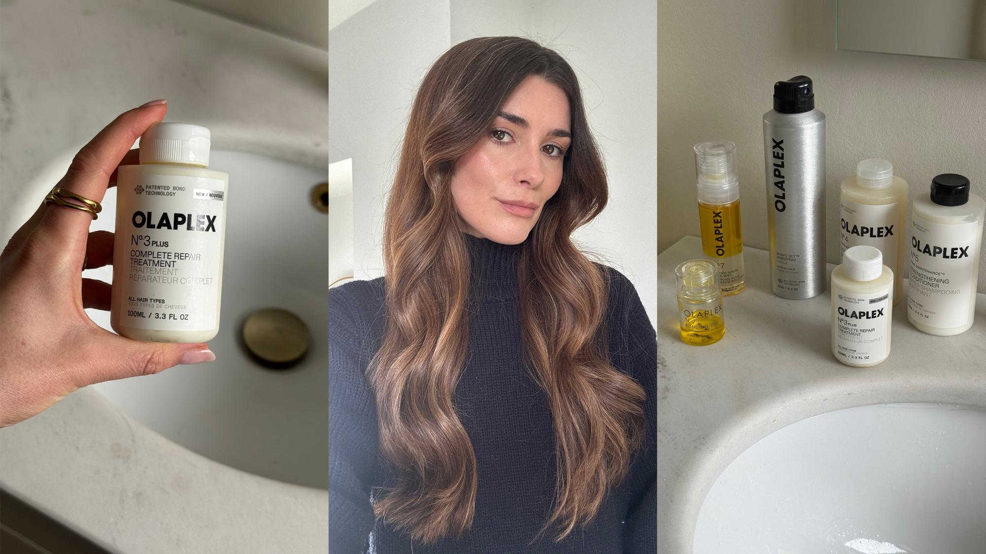Who What Wear UK beauty editor Eleanor Vousden with her hair styled in loose curls, and photos of the Olaplex hair products she uses