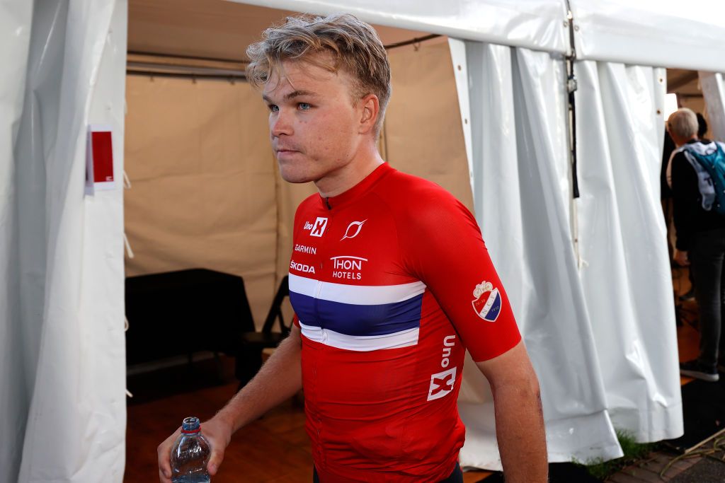 WOLLONGONG AUSTRALIA SEPTEMBER 18 Race winner Tobias S Foss of Norway reacts after the 95th UCI Road World Championships 2022 Men Individual Time Trial a 342km individual time trial race from Wollongong to Wollongong Wollongong2022 on September 18 2022 in Wollongong Australia Photo by Con ChronisGetty Images