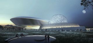 A computer generated image of the exterior of the Shanghai Planetarium