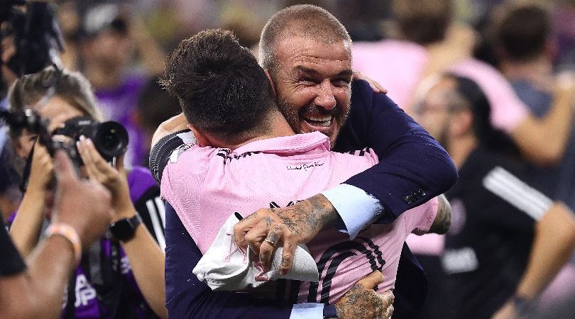 David Beckham embraces Lionel Messi after Inter Miami&#039;s Leagues Cup win in August 2023.