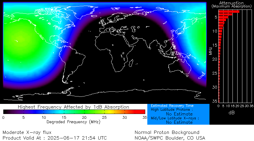 map showing the location of the radio blackouts from the x-class solar flare.