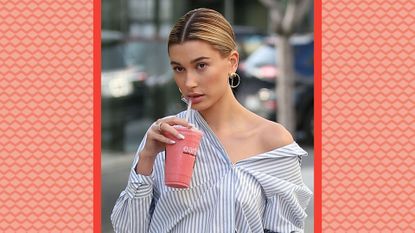 Hailey Baldwin is seen drinking a smoothie on April 12, 2017 in Los Angeles, California. How to get the Hailey Bieber Erewhon smoothie recipe at home