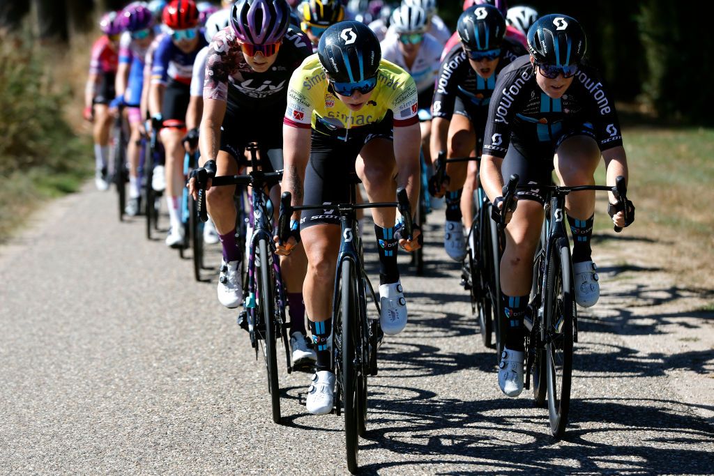 GENNEP NETHERLANDS SEPTEMBER 01 Lorena Wiebes of Netherlands and Team DSM Yellow leader jersey competes during the 25th Simac Ladies Tour 2022 Stage 3 a 1391km stage from Gennep to Gennep SLT2022 UCIWWT on September 01 2022 in Gennep Netherlands Photo by Bas CzerwinskiGetty Images