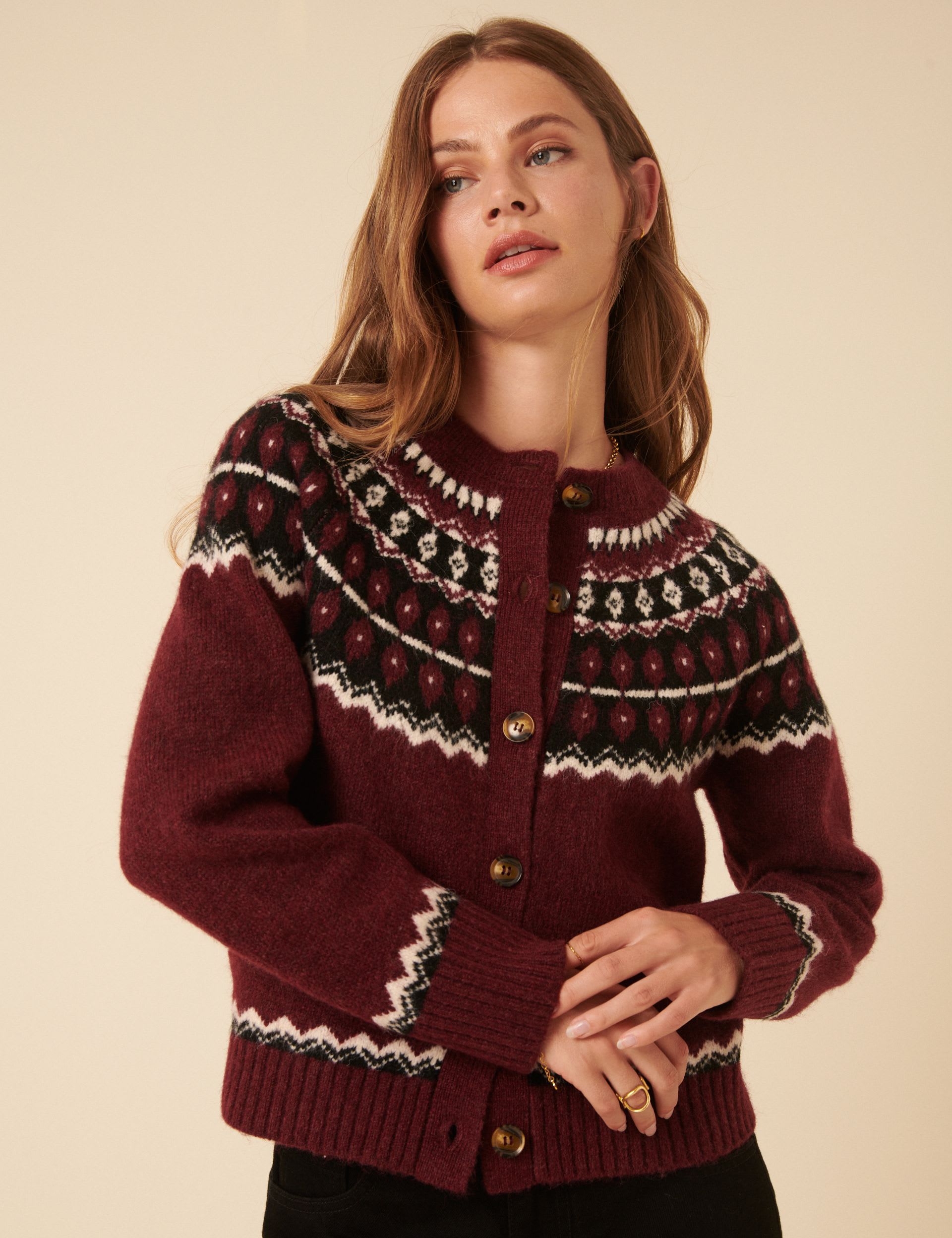 Fair Isle Crew Neck Cardigan With Wool