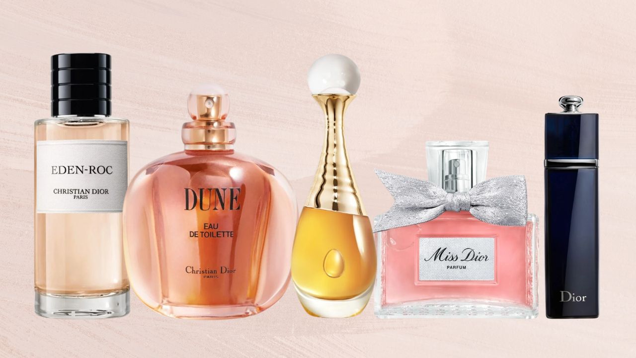 A selection of the best Dior perfumes including Eden-Roc, Dune, J&#039;adore L&#039;or, Miss Dior and Dior Addict, all pictured on a pastel pink template