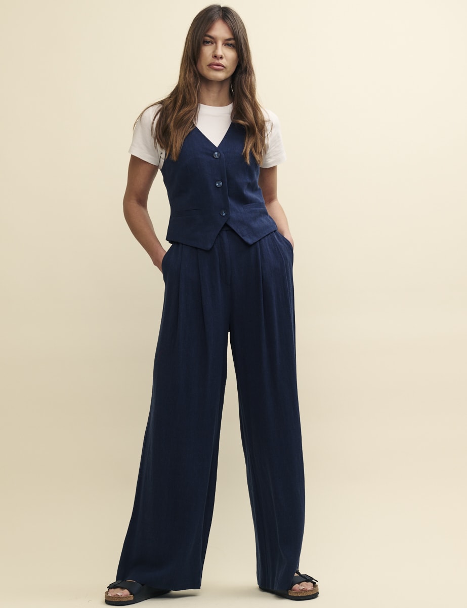 Navy Linen-Blend Relaxed Tailored Trousers