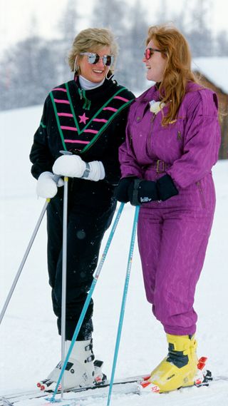 Princess Diana and Sarah Ferguson skiing