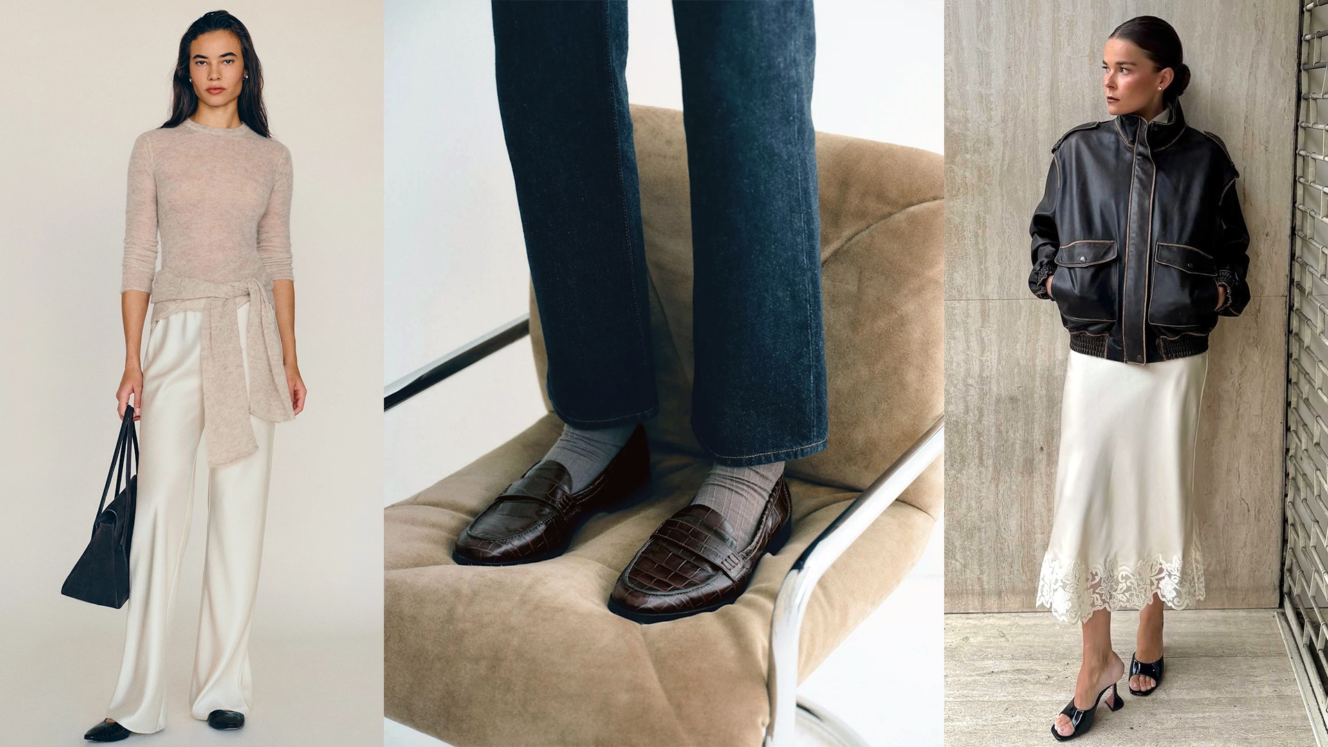 collage of three looks featuring Reformation fashion like sweaters, silk pants, loafers, satin skirts with lace hem, and a leather bomber jacket
