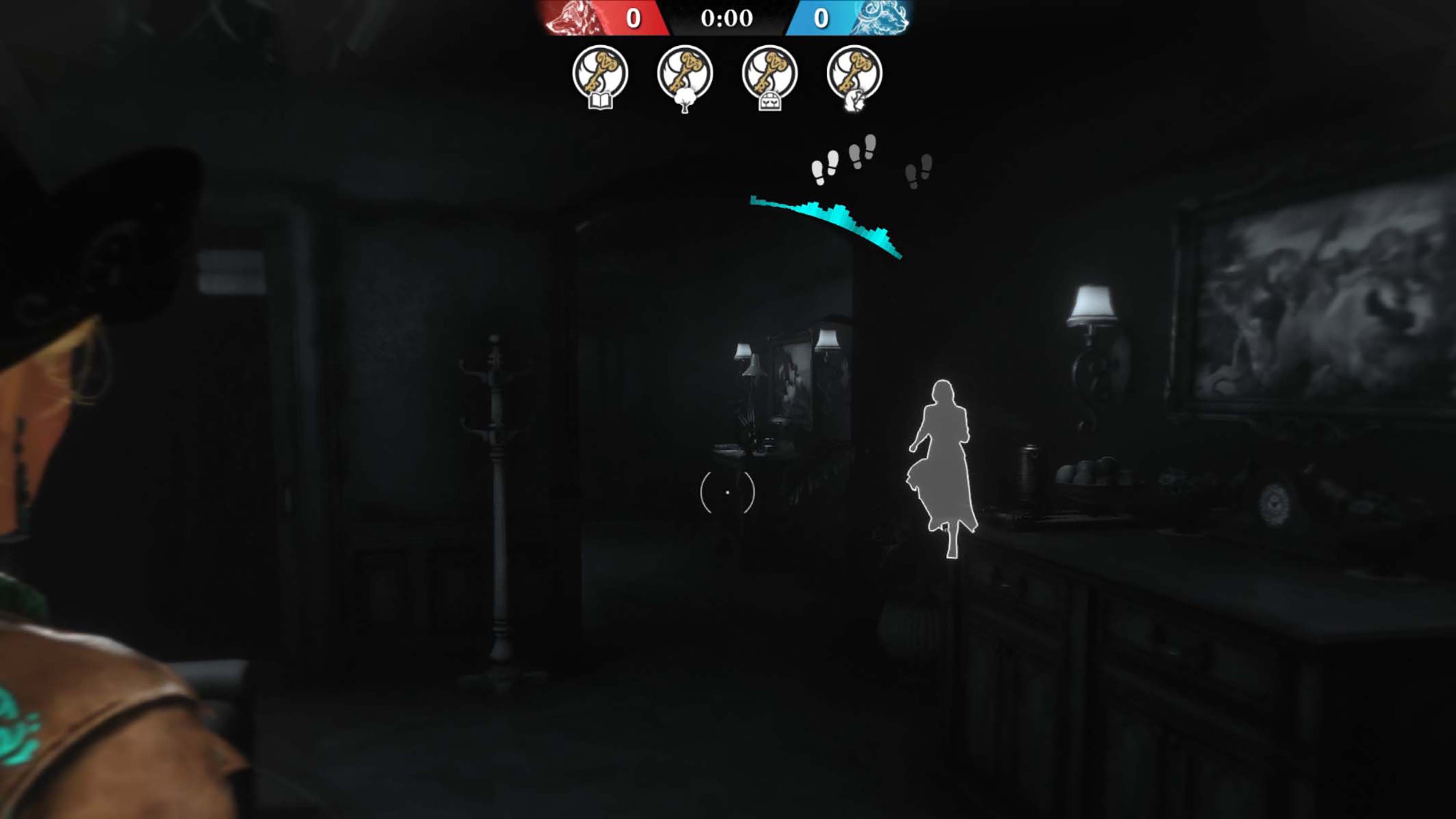 A screenshot from Killer Inn showing how the focus feature allows you to hear footsteps and psee people through walls.