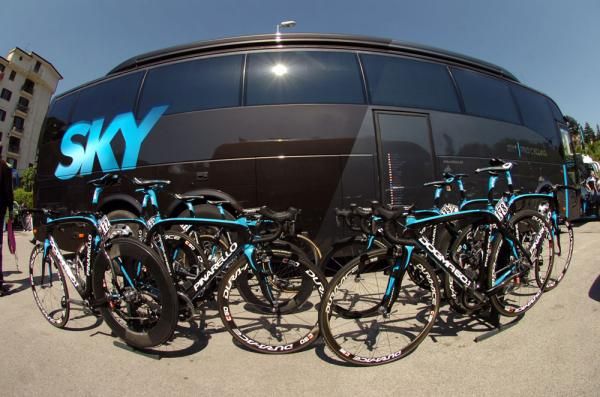 Men in black (and blue): Team Sky's bikes lined up outside the team bus