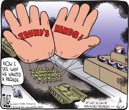 Political cartoon U.S. Trump military parade small hands
