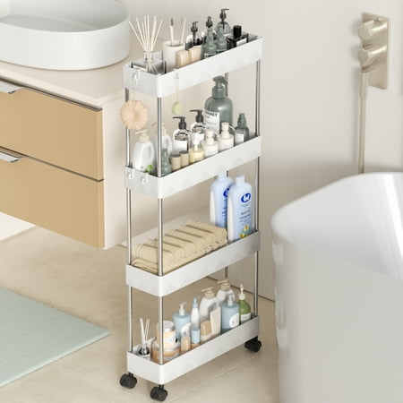 Slim Storage Cart 4 Tier Slim Cart, Bathroom Rolling Utility Cart Storage Organizer Slide Out Cart, Mobile Shelving Unit Organizer Trolley for Office Bathroom Kitchen Laundry Narrow Places, White
