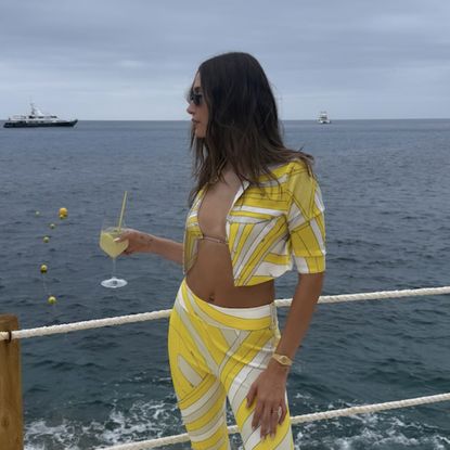 Hailey Bieber wearing a Pucci set on a boat