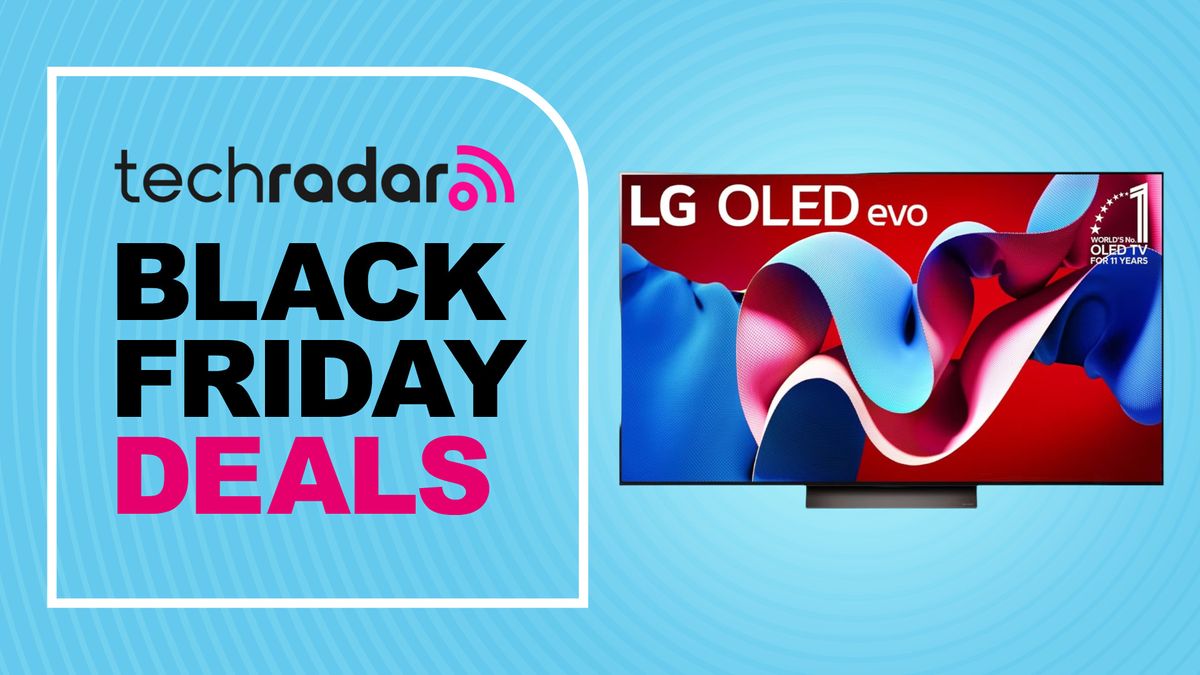 LG C4 OLED on blue background with black friday deals text overlay