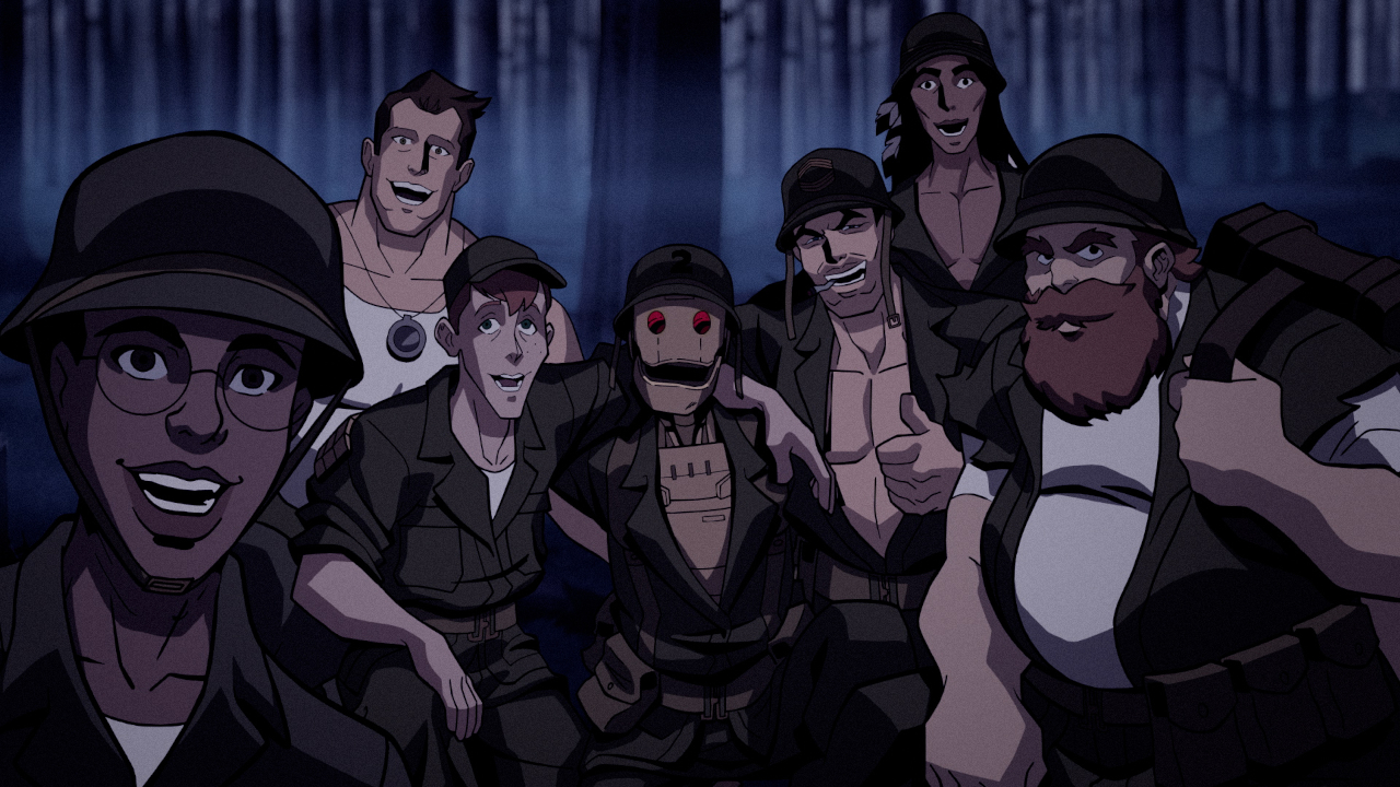 GI Robot poses with Easy Company for a group photo in the woods in Creature Commandos S1 E3 - "Cheers to the Tin Man."