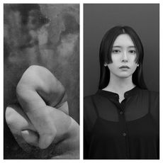 two black and white photos, on the left, a twisted body, on the right, a young asian woman in a black sheer shirt