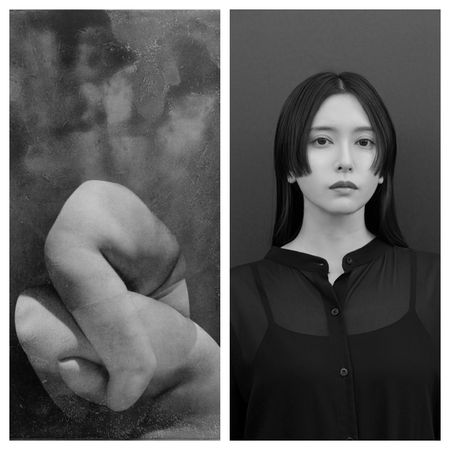 two black and white photos, on the left, a twisted body, on the right, a young asian woman in a black sheer shirt