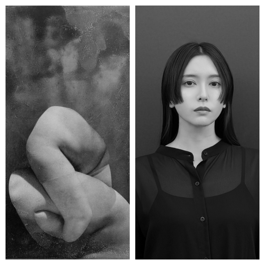 two black and white photos, on the left, a twisted body, on the right, a young asian woman in a black sheer shirt