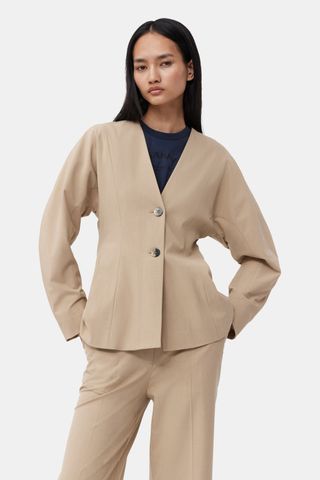 Beige Fitted Drapey Melange Blazer