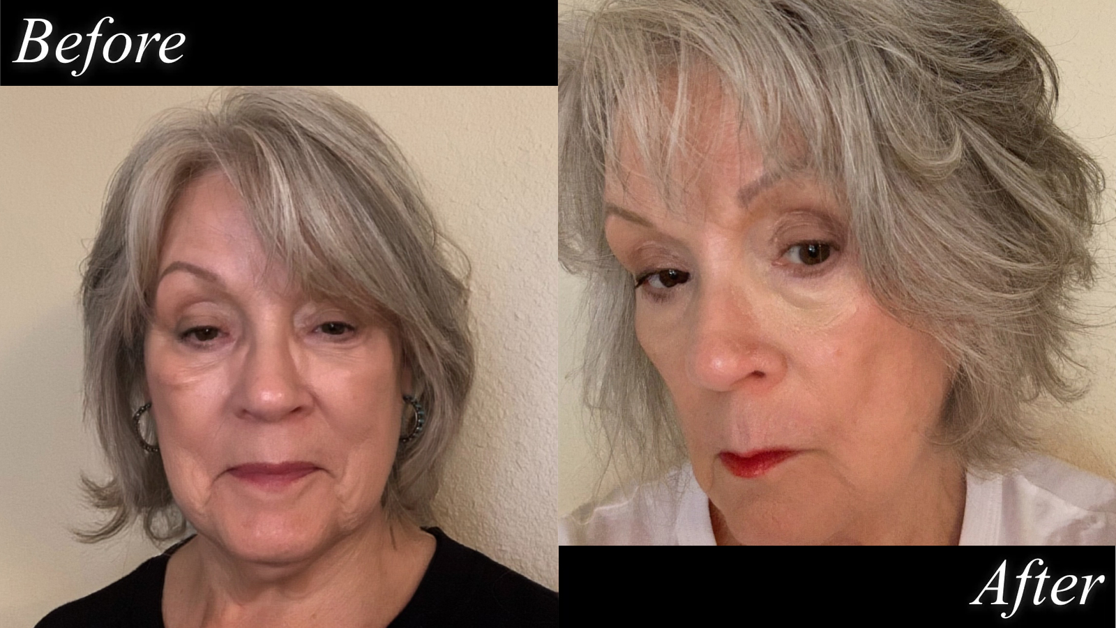 A woman with gray hair and a black shirt and then a white shirt before and after makeup.
