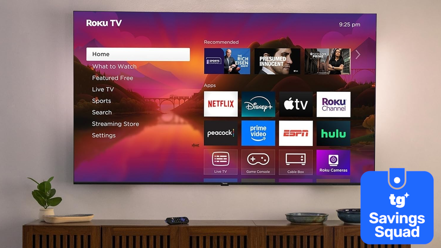 A wall-mounted Roku Plus Series 4K TV displaying the Roku home screen above a credenza in a modern living room setting. There is a super-imposed badge in the bottom corner that reads: "TG Savings Squad".