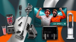 A collage of tech from the Argos summer sale, including a Ninja blender, Vax vacuum, LG TV, Cookworks air fryer, Ninja knife set and Dyson fan.