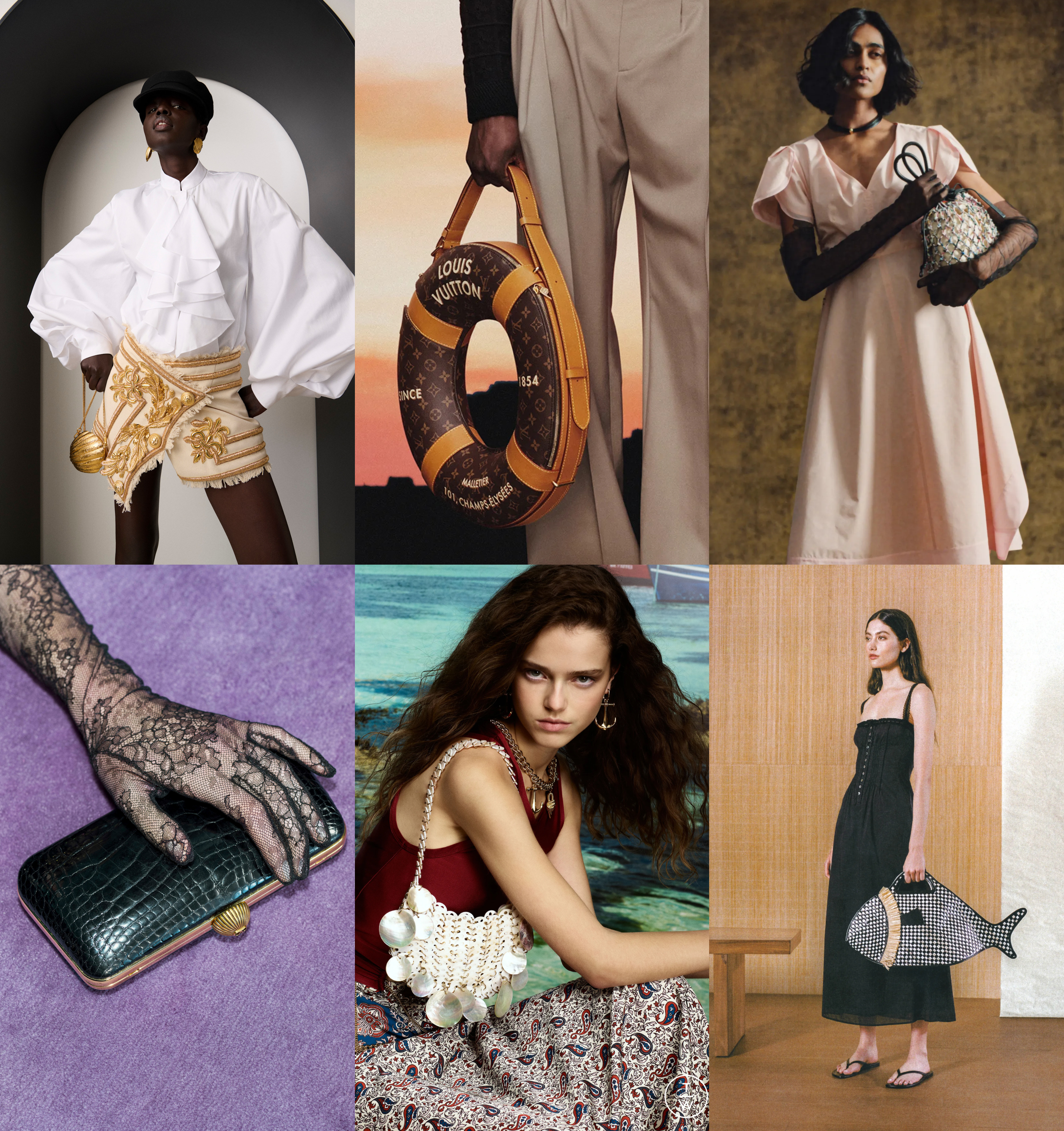 aquatic summer 2025 bag trend at Balmain, Louis Vuitton, 3.1 Phillip Lim, Valentino, Rabanne, Staud