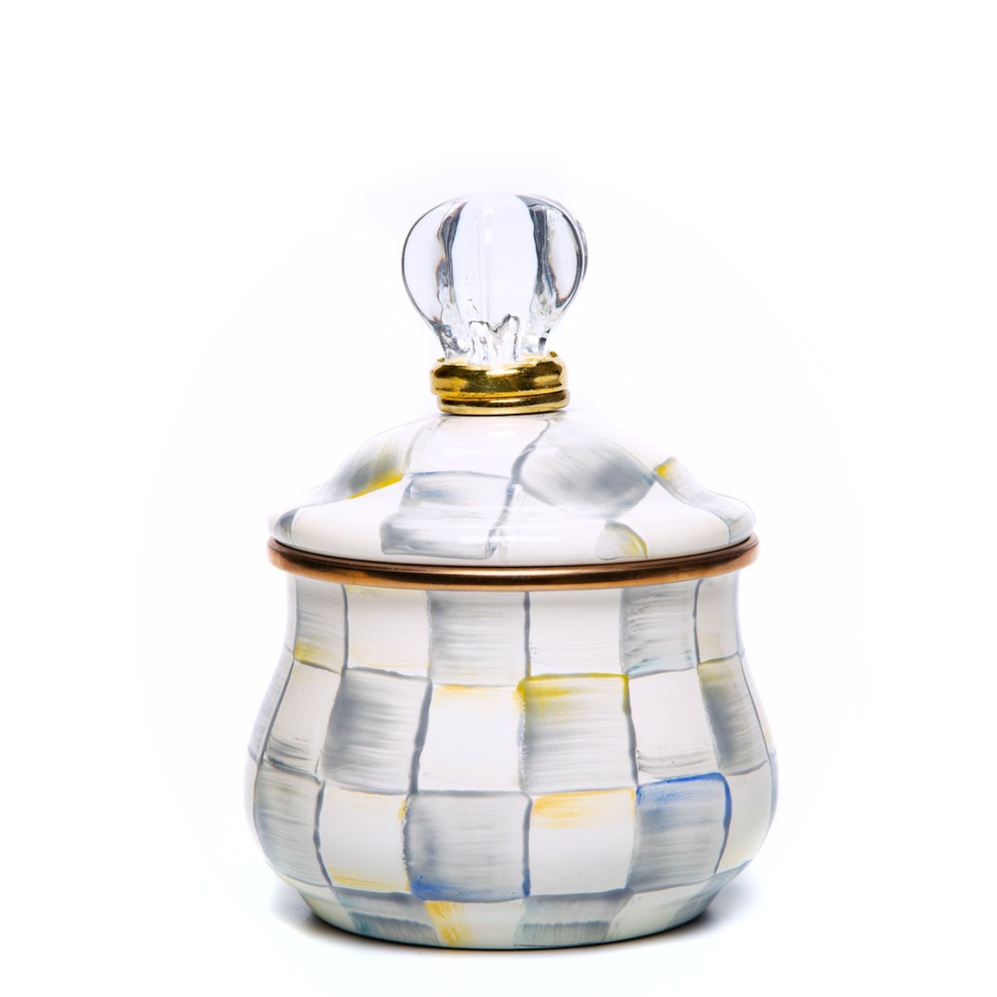 Enamel sugar bowl with grey and white check pattern, brass rim, and glass knob