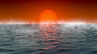 A red sun appears rises above an alien ocean