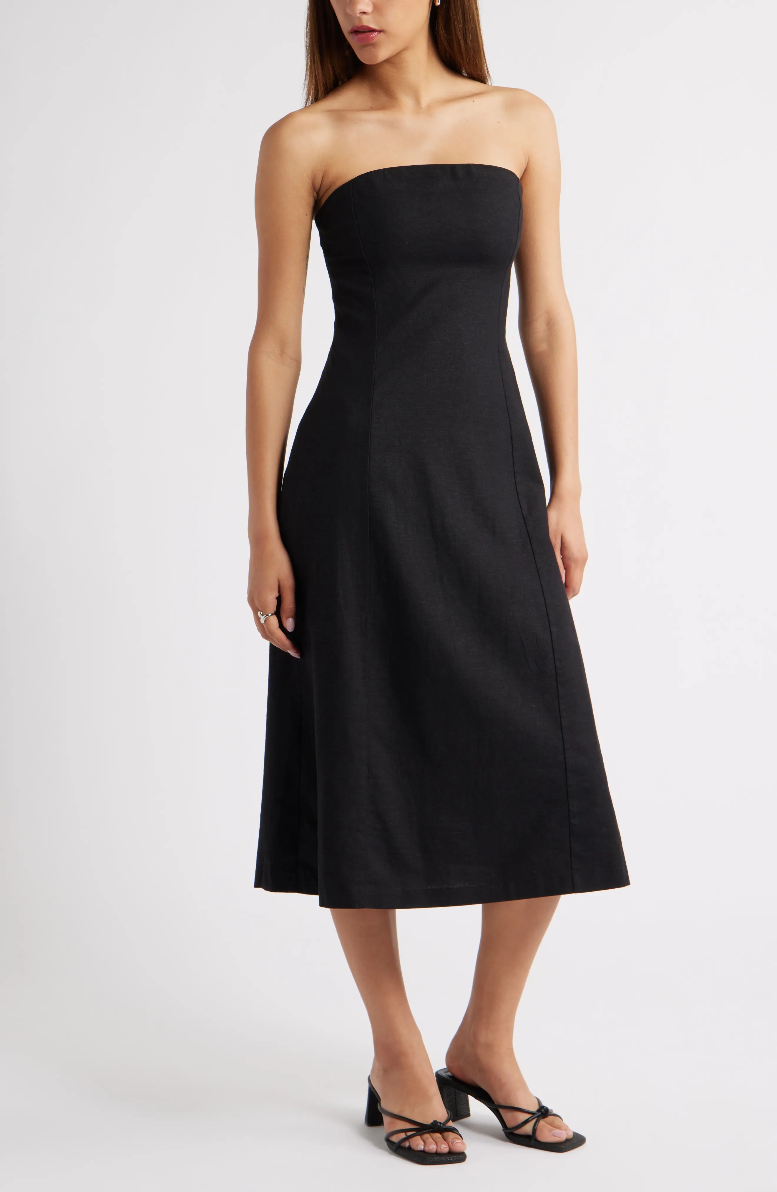 Open Edit, Strapless Linen Blend Midi Dress