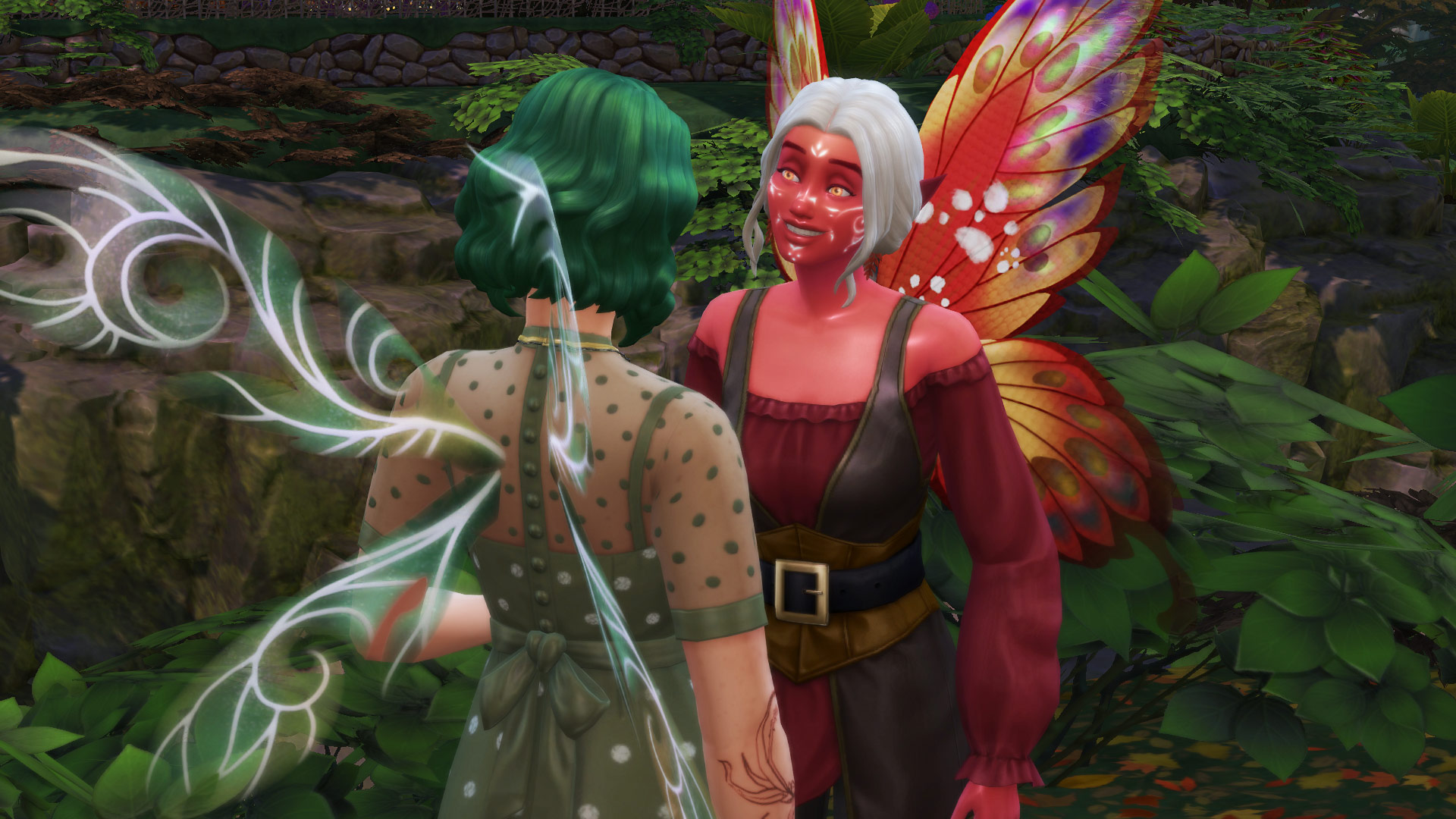 Two fairies talking to each other in The Sims 4: Enchanted by Nature.