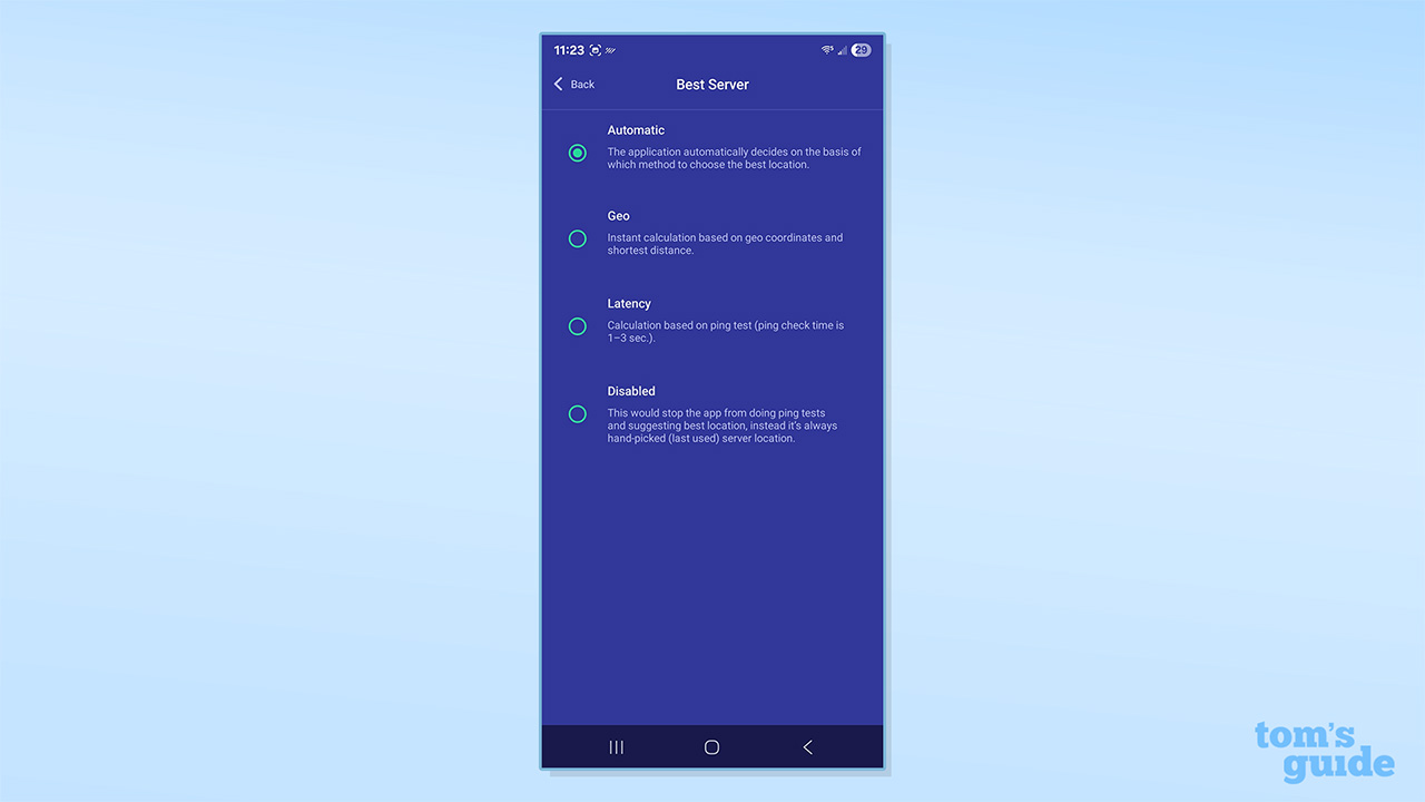 PrivadoVPN's settings on its Android app, showing its ability to turn off the "best server" option