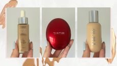 Collage of budget to blowout lightweight foundations (L-R) L'Oréal True Match Nude, TirTir Mask Fit Red Cushion and Dior Backstage Face and Body, on a white marble background with foundation swatches