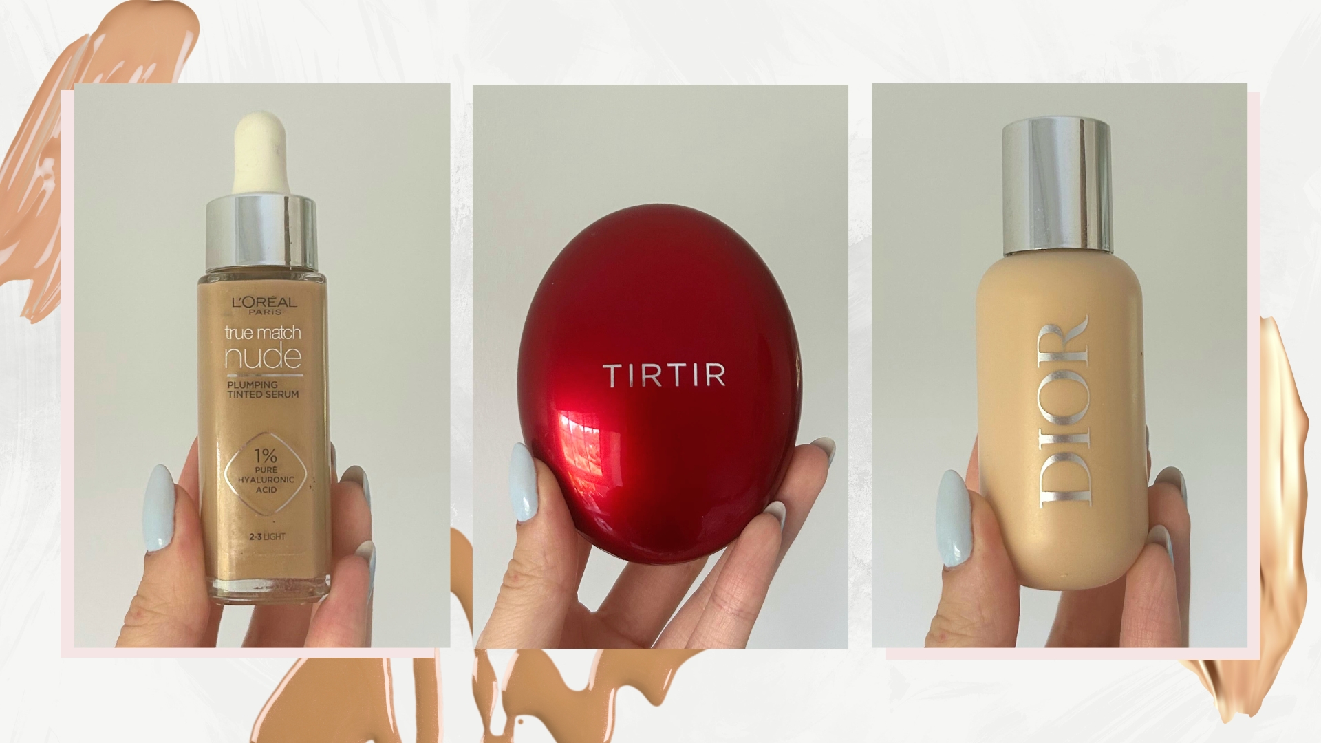 Collage of budget to blowout lightweight foundations (L-R) L&#039;Oréal True Match Nude, TirTir Mask Fit Red Cushion and Dior Backstage Face and Body, on a white marble background with foundation swatches