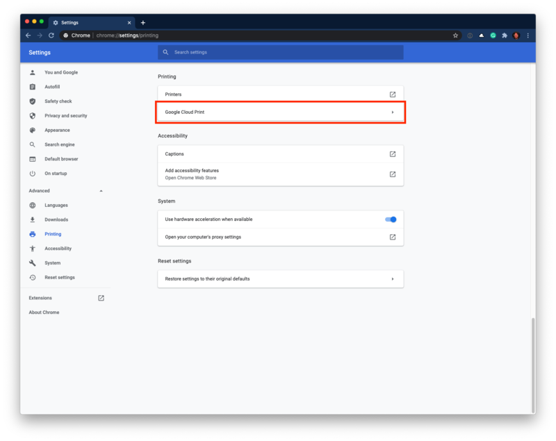 Open Google Cloud Print Settings In Chrome