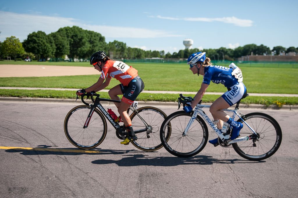 Sara Poidevin (Rally Cycling) and Katherine Sherwin (United Healthcare) work together in their break on the finishing circuits.