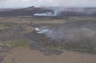 The east and west Kamoamoa fissures are fuming. The Pu`u `? `? cone is fuming in the background.