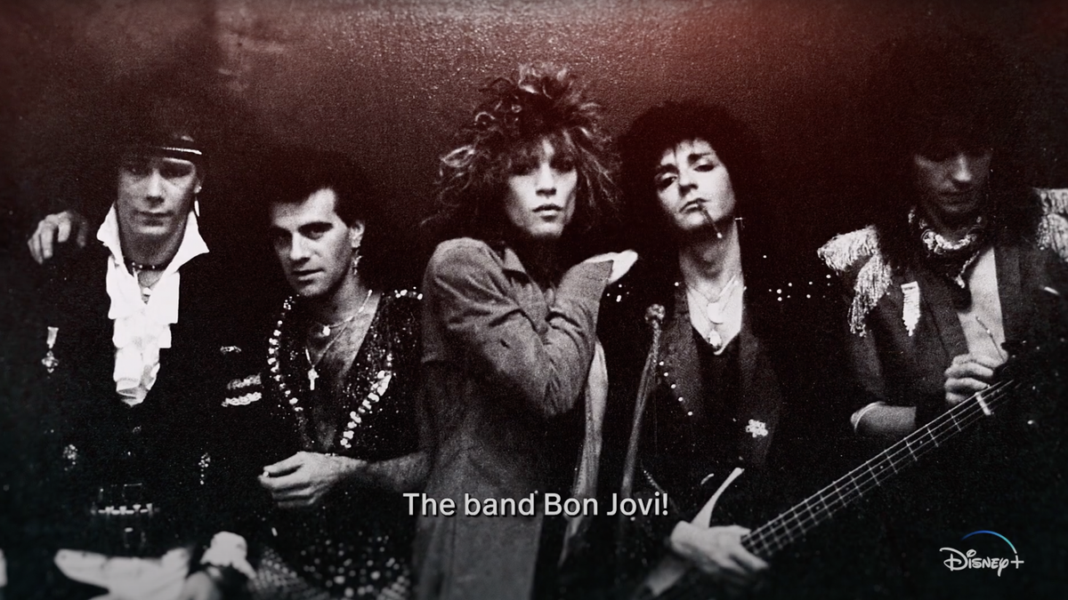 A still from the Thank You Goodnight Bon Jovi series coming soon to Disney Plus, which shows an old photo of the band Bon Jovi.