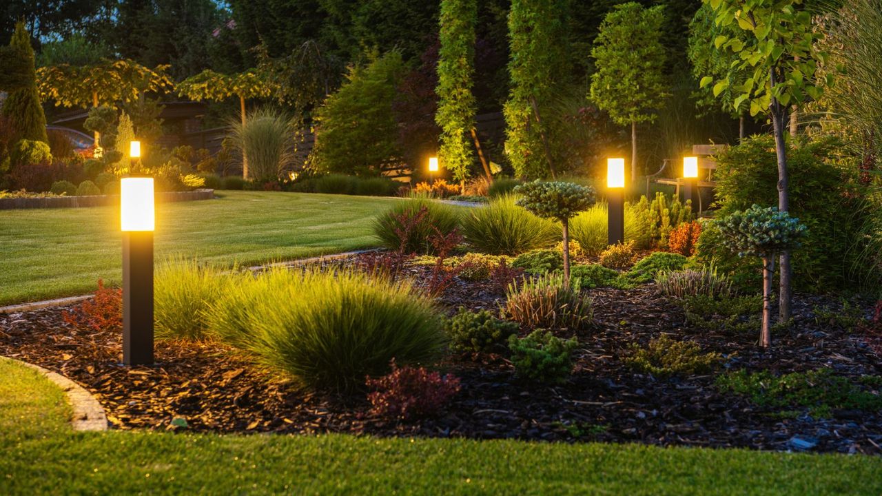 LED light posts in a garden at twilight