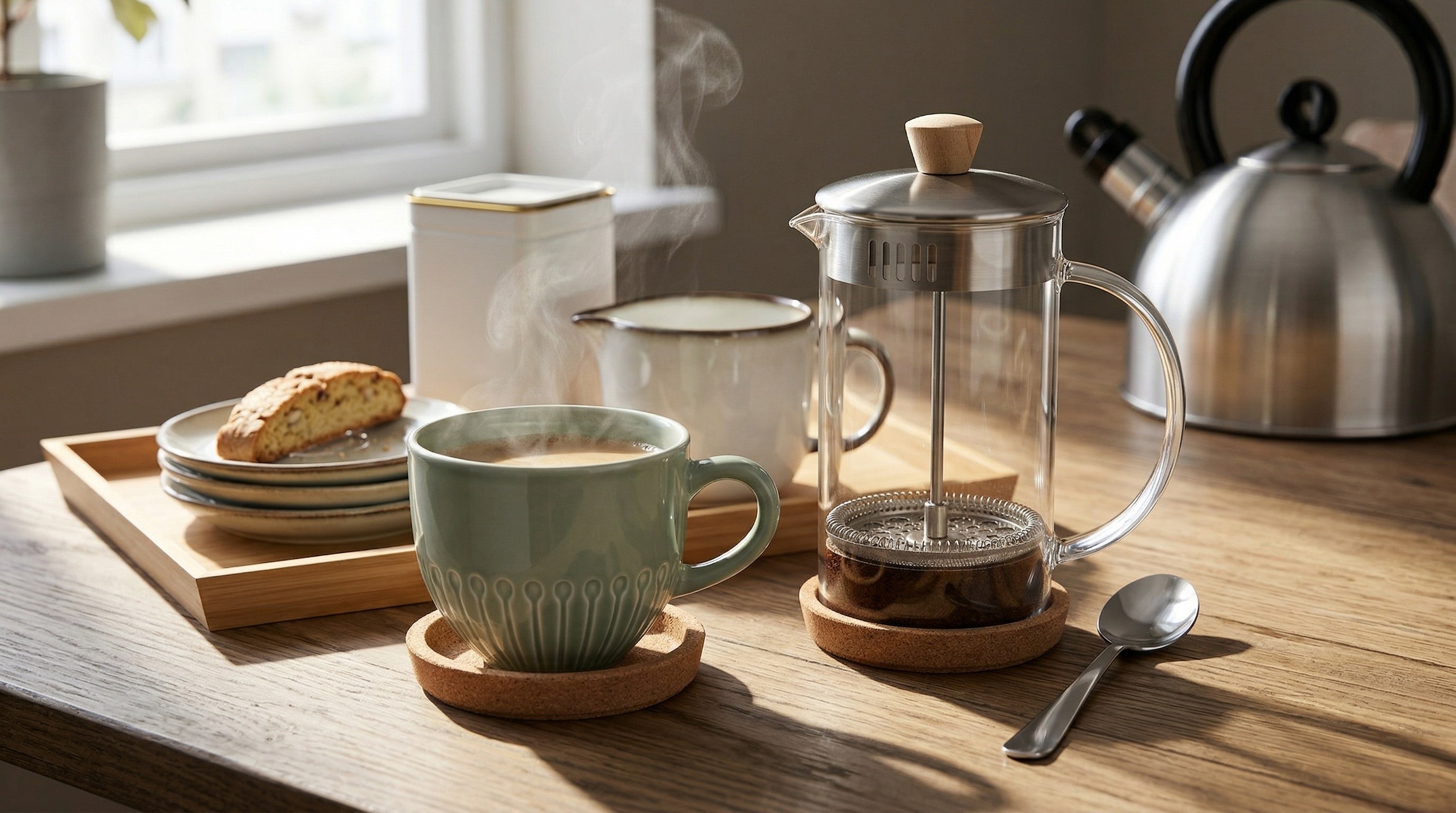 Collection of coffee-making accessories on kitchen counter