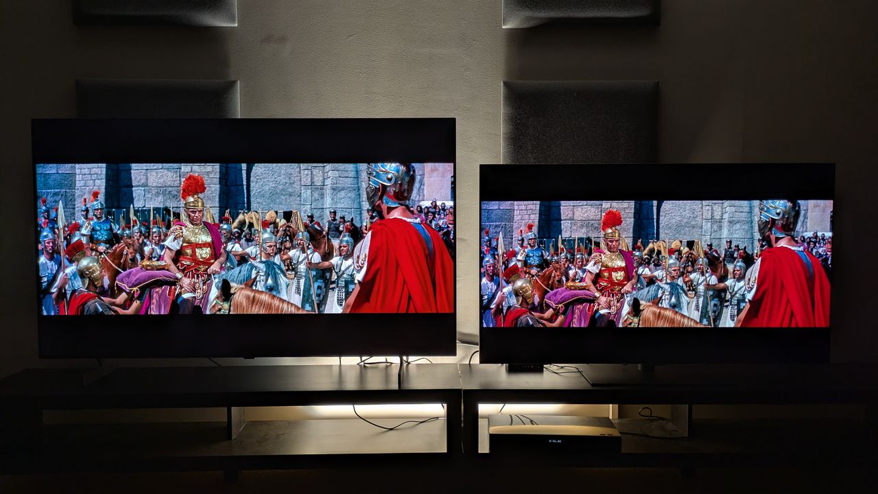 The LG B6 (left) and LG G6 (right) showing Ben-Hur, with Roman soliders talking on horseback. Both TVs have vibrant colors, but the G6's appear richer