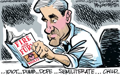 Political cartoon U.S. Fire and Fury Mueller Russia investigation