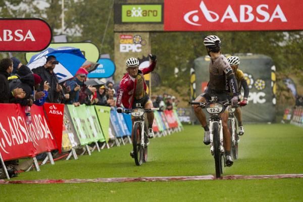 Burry Stander of Songo-36One-Specialized reacts to winning the sprint with Tim Boehme of Bulls 2 during stage 5 of the 2012 Absa Cape Epic Mountain Bike stage race from the Overberg Primary
