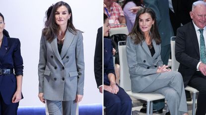 Composite of two pictures of Queen Letizia of Spain wearing grey Mango trousers, a matching blazer and black loafers at an event on World Mental Health Day 2024