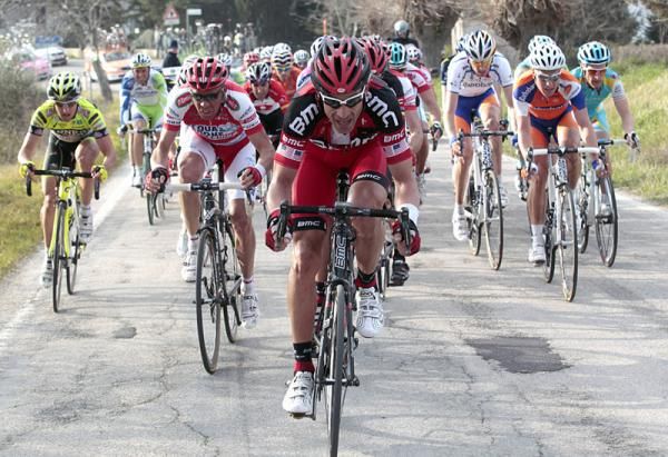George Hincapie (BMC) at the head of the peloton approaching the final climb.