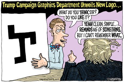 Political cartoon U.S. 2016 election Donald Trump logo