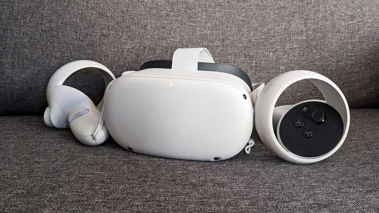 Oculus Quest 2 VR headset shown on grey background